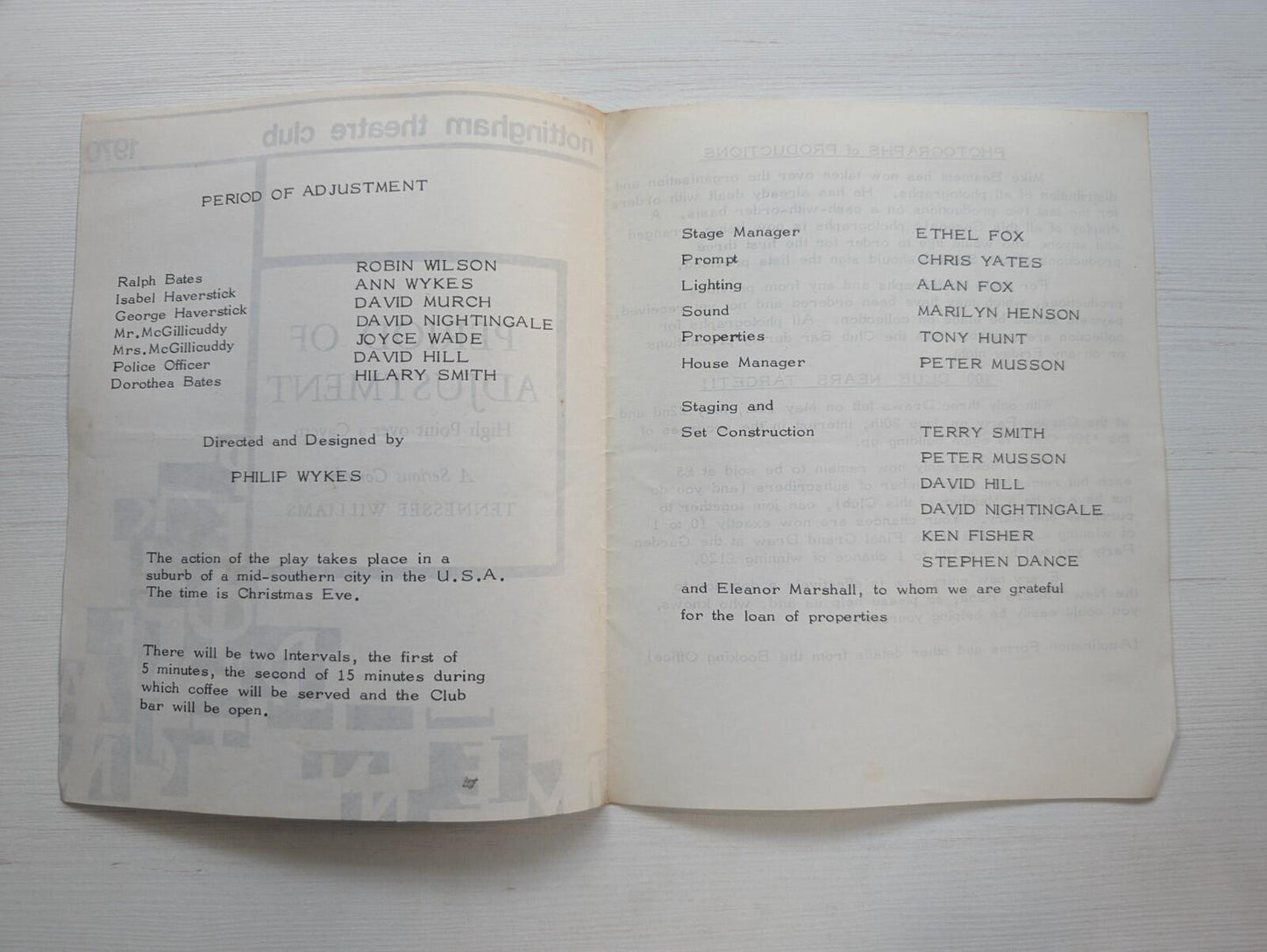 Period of Adjustment Programme - 1970 - Nottingham Theatre Club