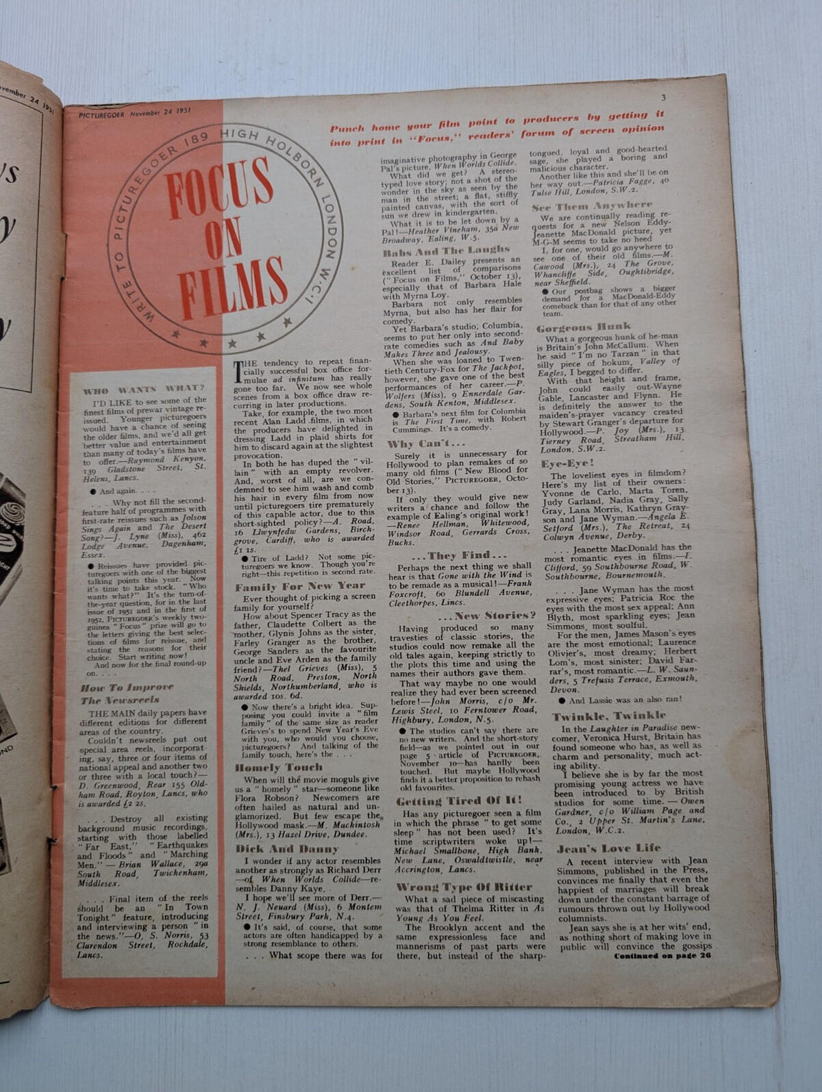 Picturegoer: The National Film Weekly November 24, 1951 - Jane Wyman Cover