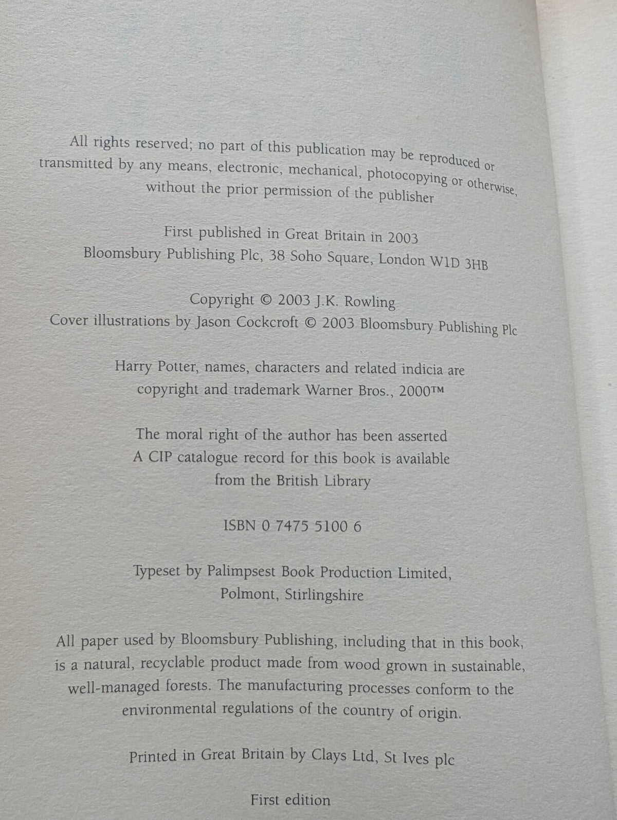 Harry Potter and the Order of The Phoenix - 1st Edition With Print Errors - 2003