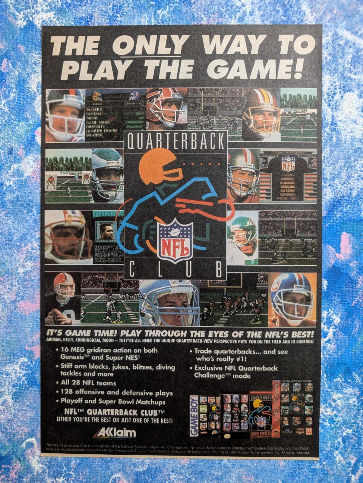 NFL Quarterback Club 1993 Acclaim Video Game Advertisement - See Details