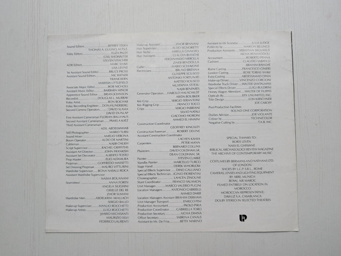 The Last Temptation of Christ Press Kit Cast List Leaflet - 1988 - Universal