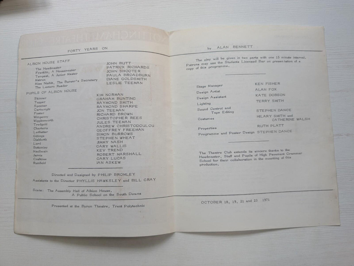 Nottingham Theatre Club - Forty Years On - October 1971 Programme