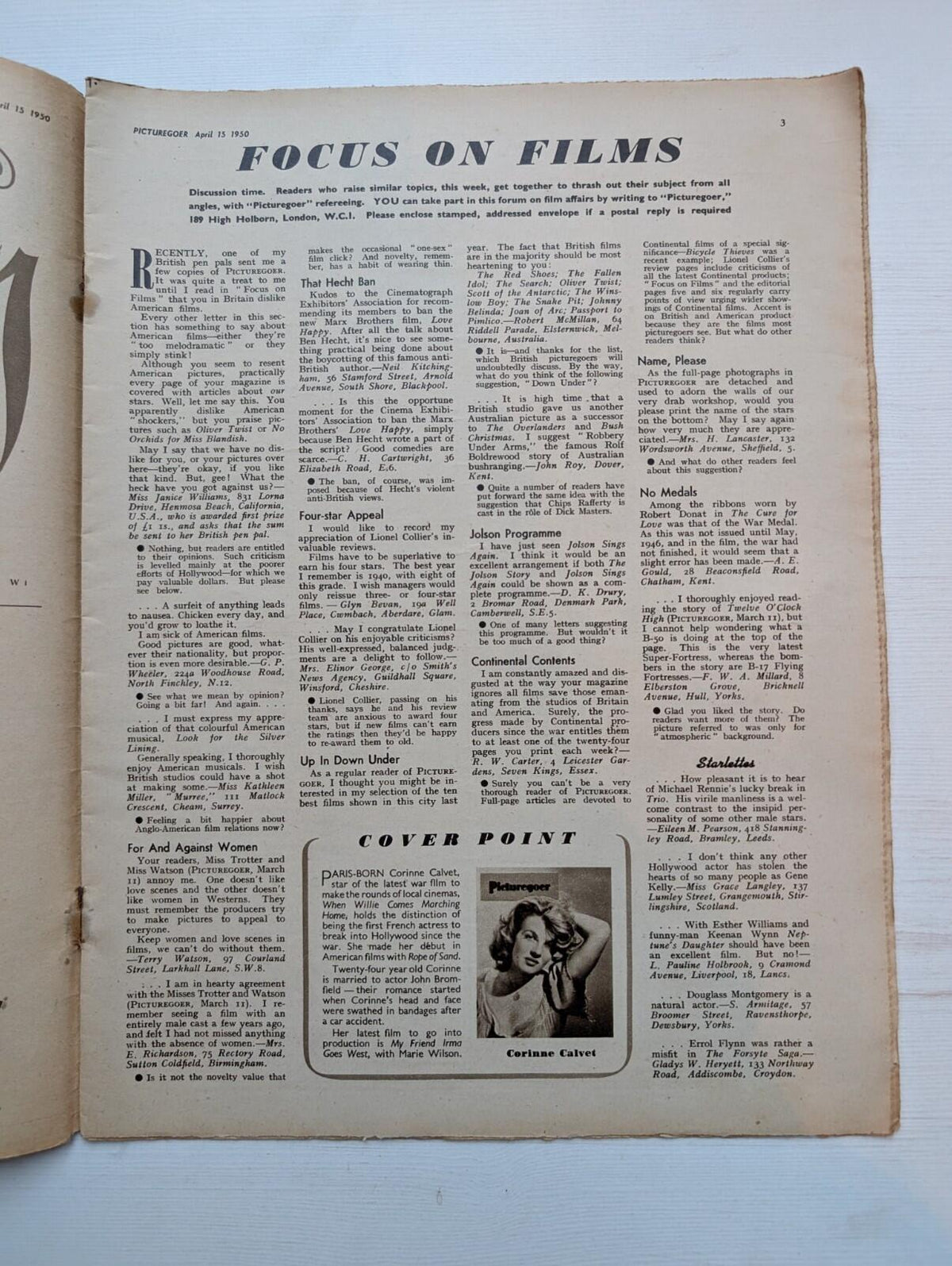 Picturegoer: The National Film Weekly April 15, 1950 - Corinne Calvet Cover