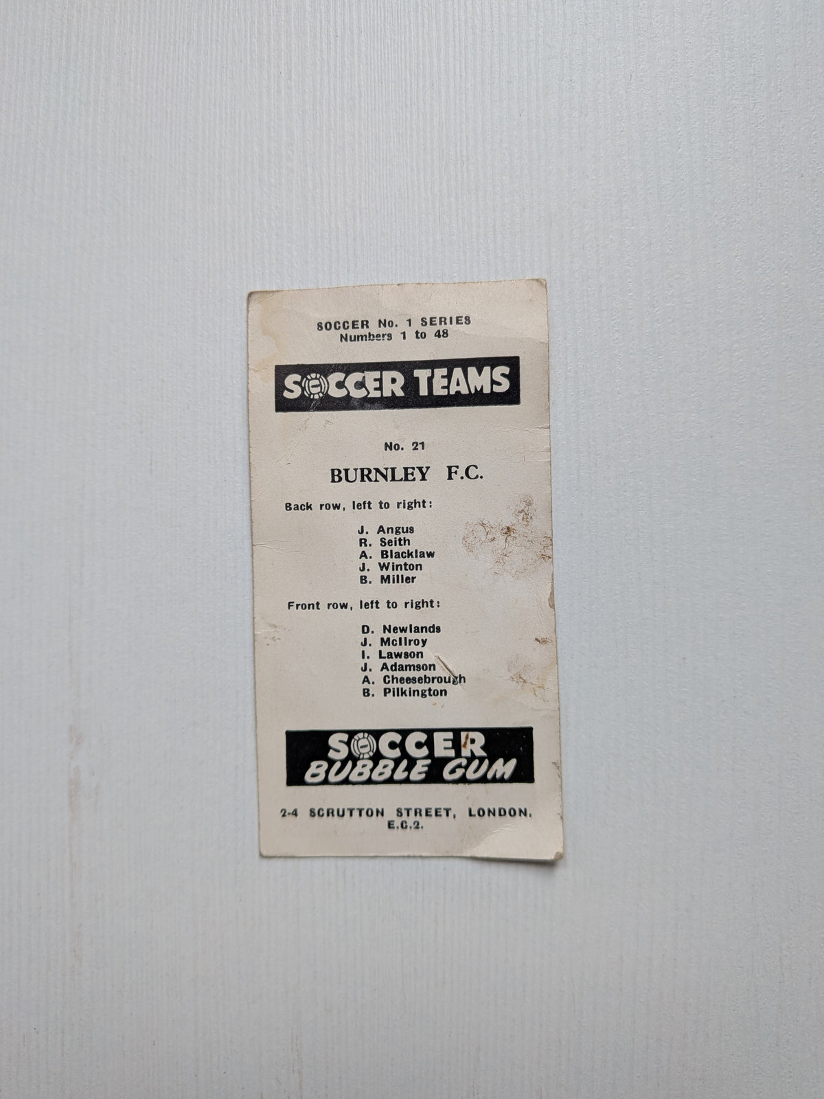 Vintage Soccer Bubble Gum Trading Card - Burnley FC No. 21 - 1960s