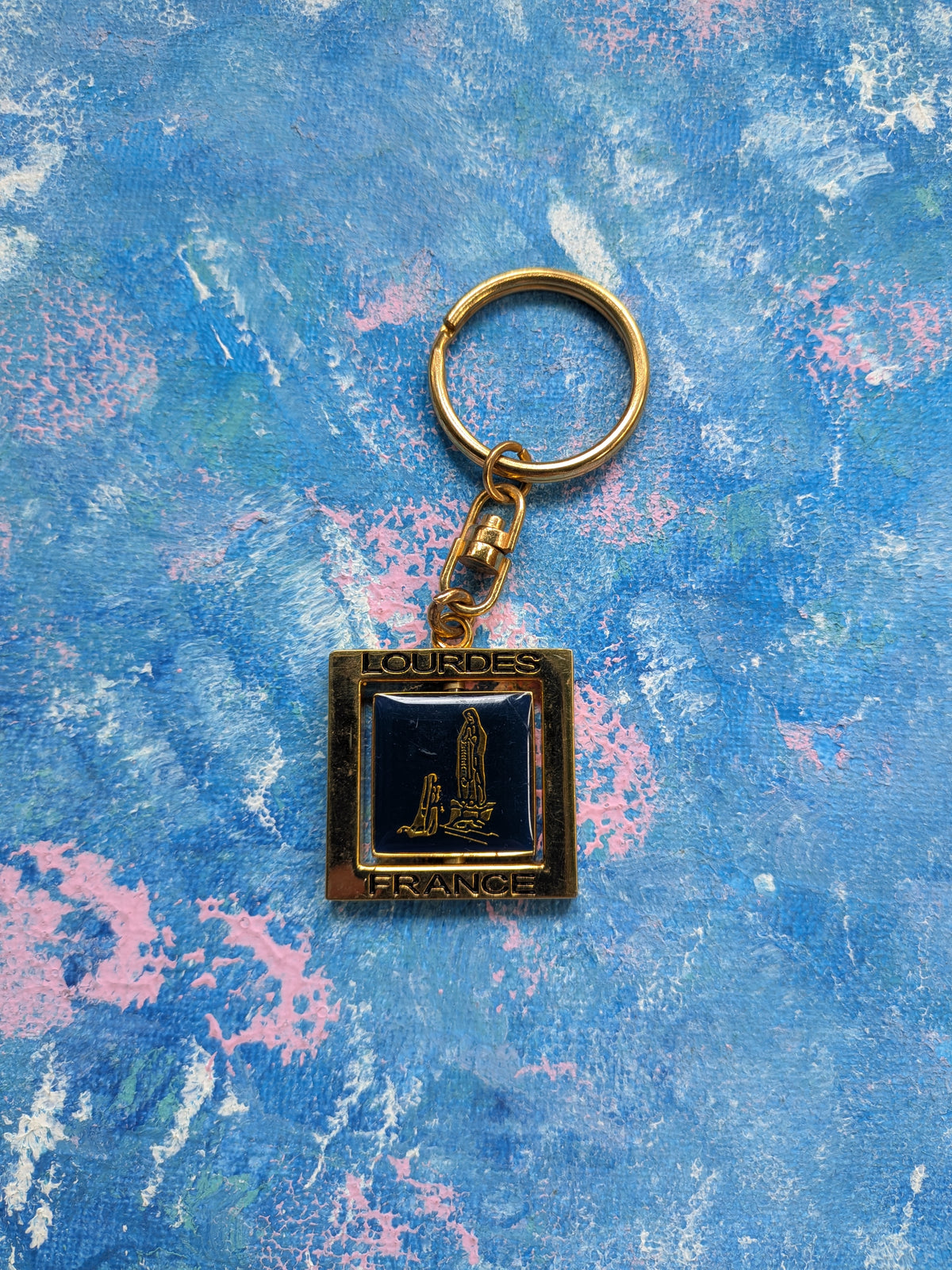 Vintage Lourdes France Gold and Blue Metal Souvenir Keyring