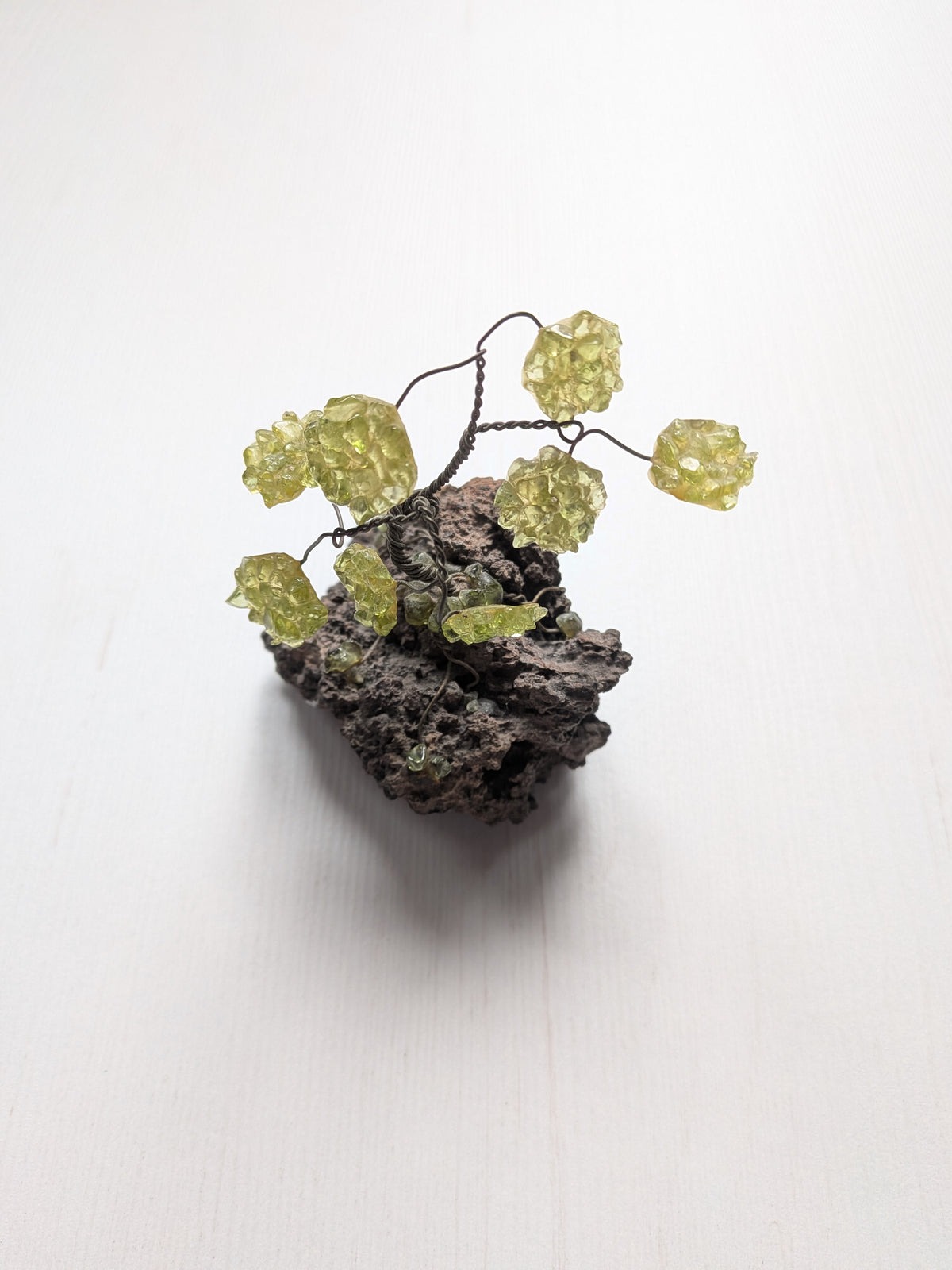 Green Gemstone Miniature Bonsai Wire Sculpture on Rock Base