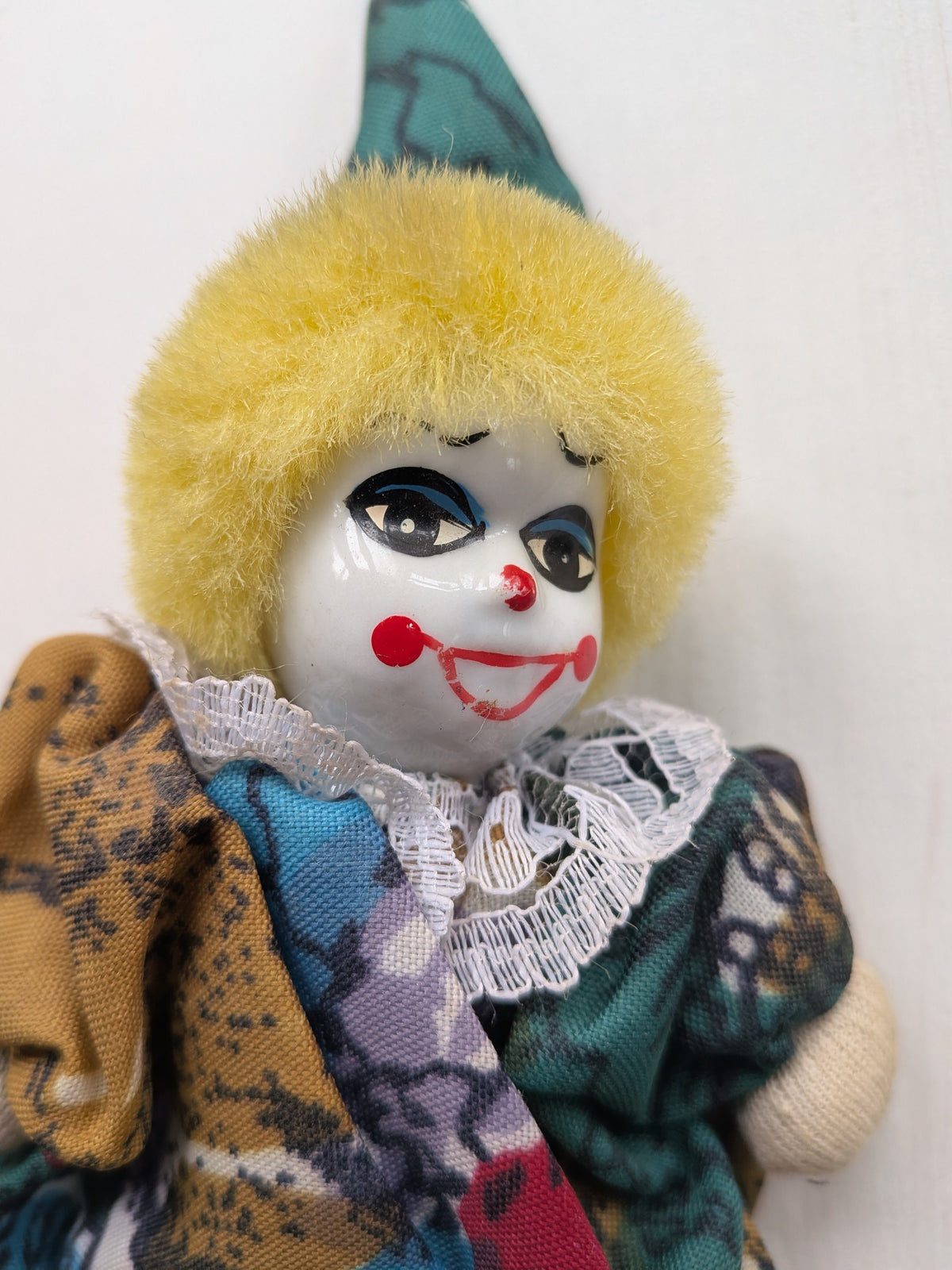 Vintage Multi-Coloured Clown Doll with Ceramic Face - 1950s Approx