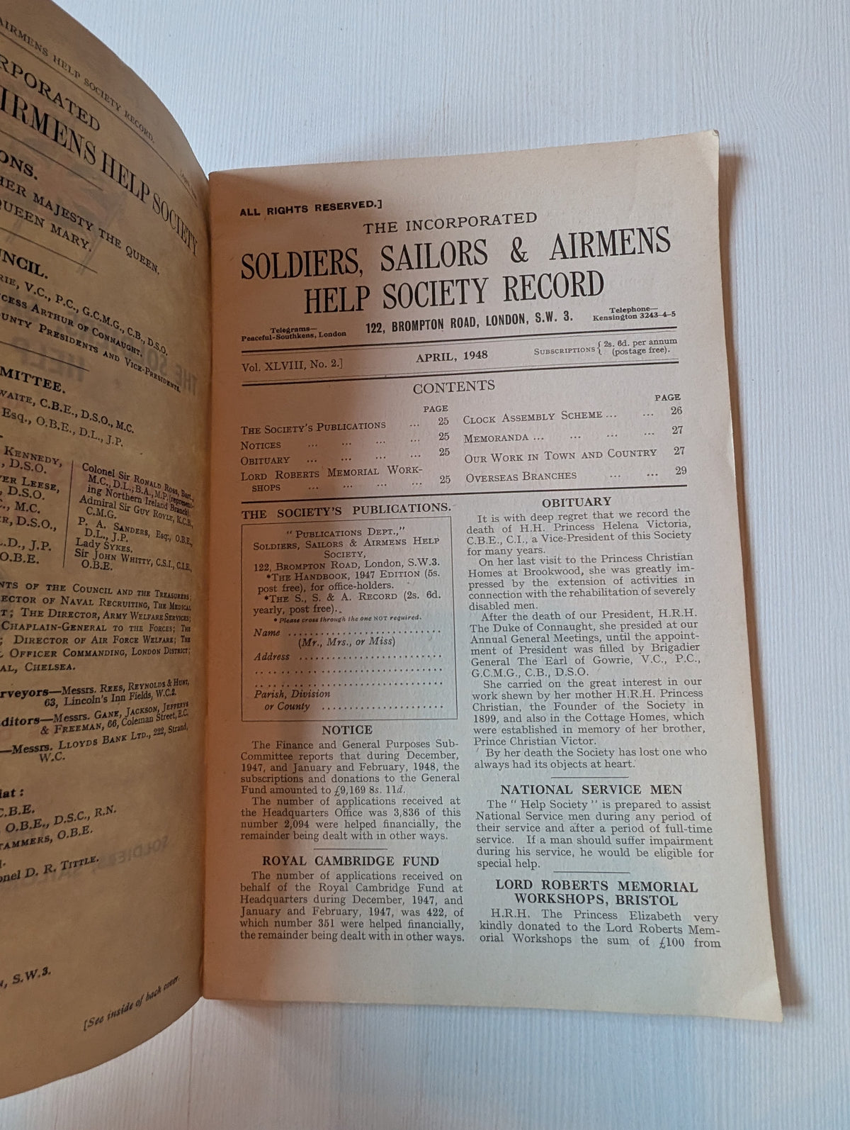 The Soldiers, Sailors and Airmens Help Record - April 1948