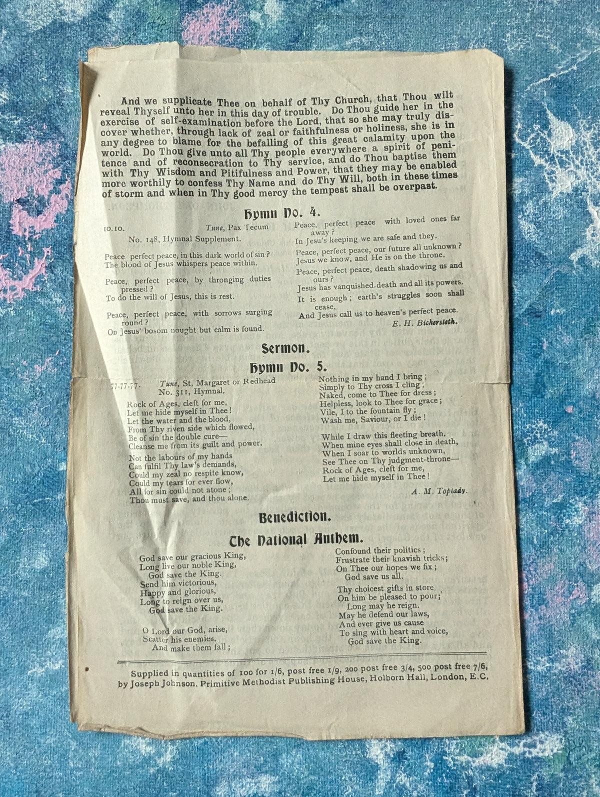 Antique World War I Day of National Intercession Church Order of Service - 1916