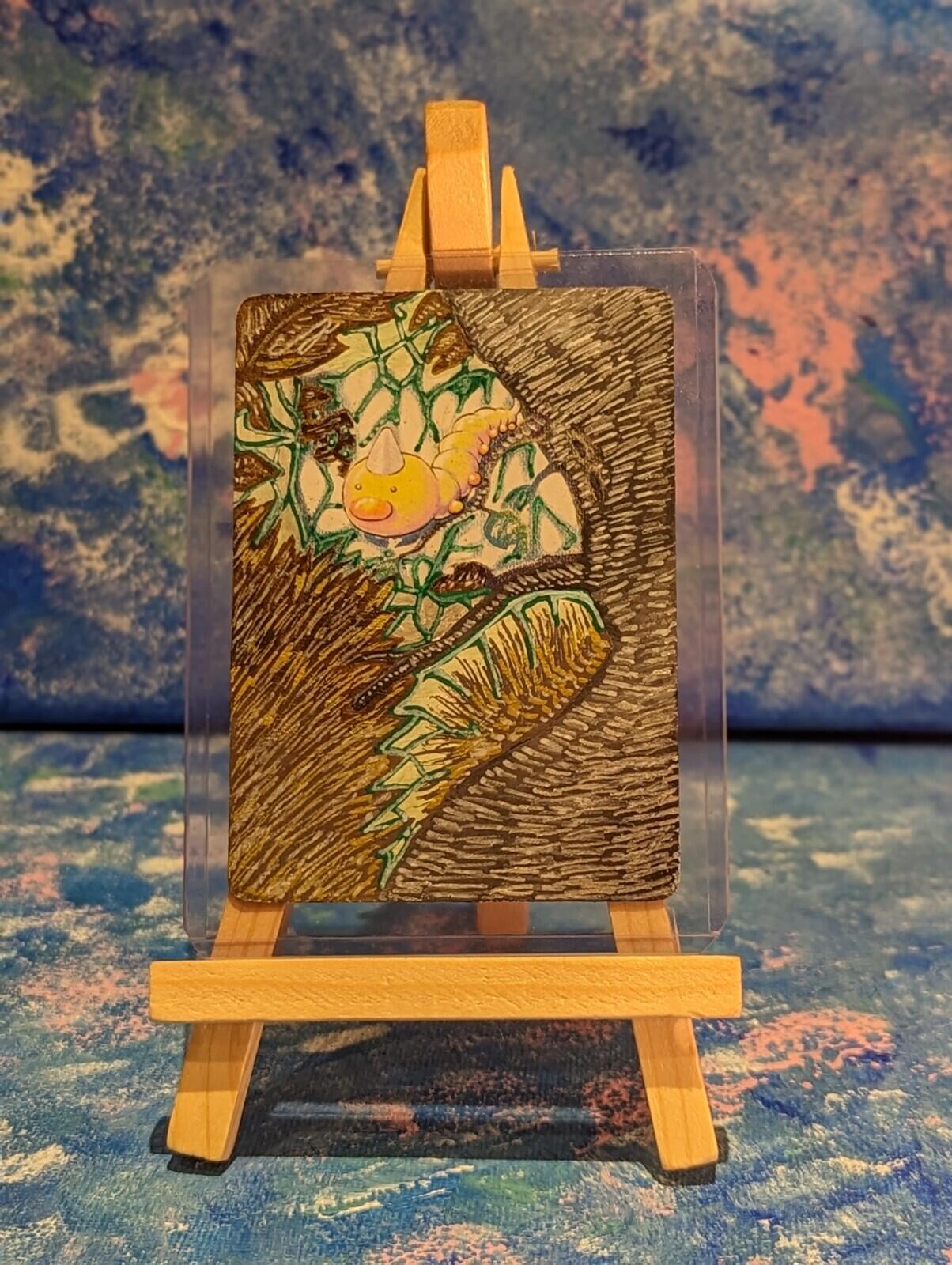 Hand-Painted Vintage Base Set Weedle Pokemon Card & Display Easel