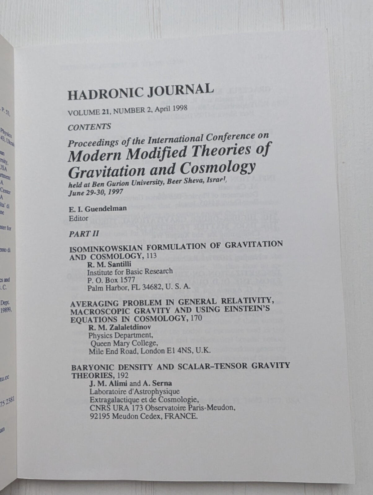 Hadronic Journal Vol. 21 No. 2 - April 1998 - Hadronic Press Inc.