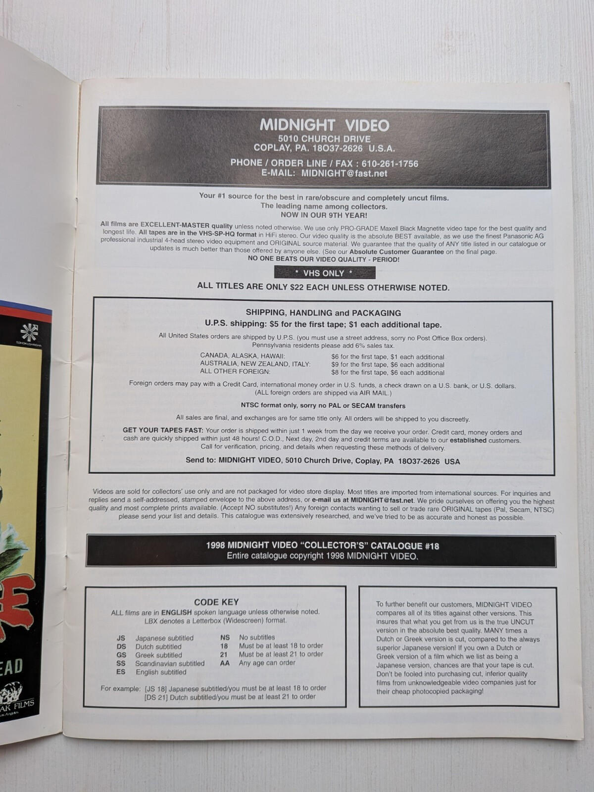 Midnight Video Collector's Catalogue #18 - 1998