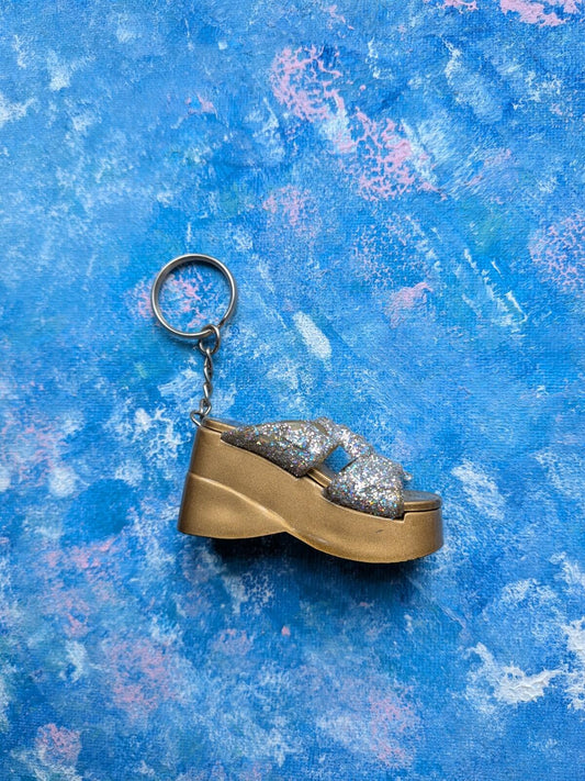 Vintage Gold Sparkly Wedge Platform Shoe Novelty Keyring/Keychain