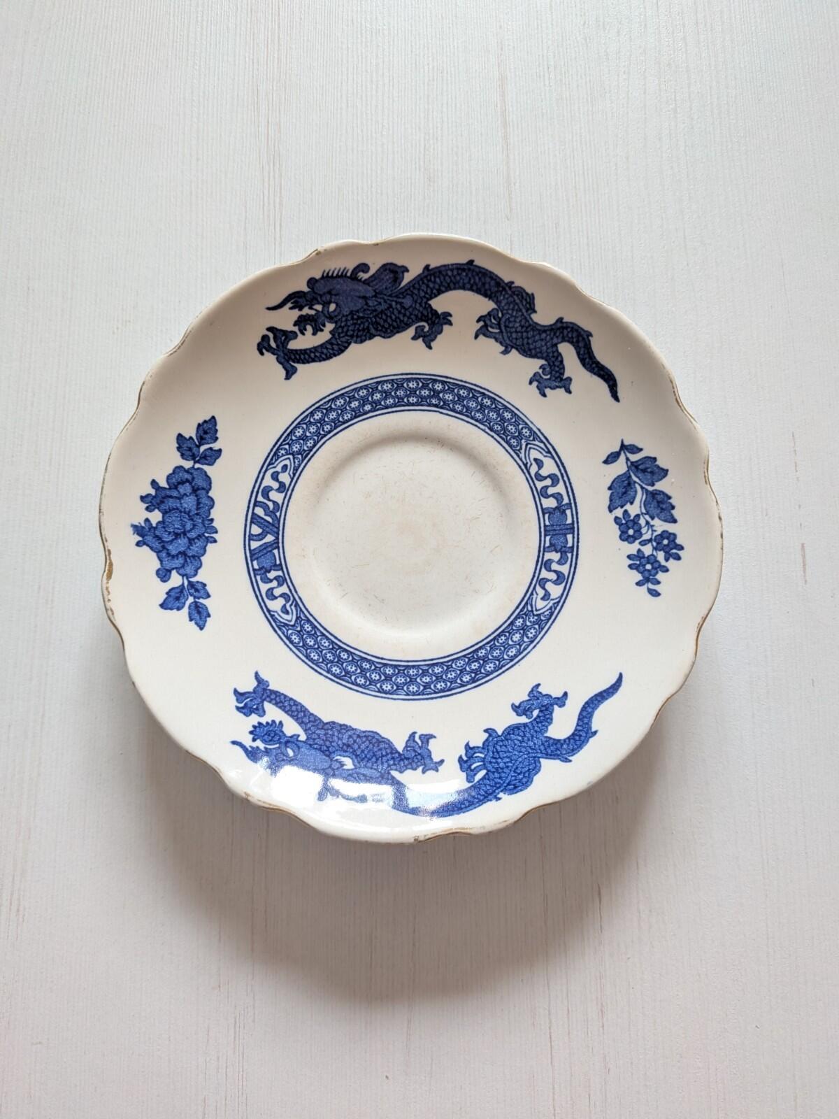 Vintage Royal Cauldon White/Blue Dragon Bowl and Saucer with Gold Rim