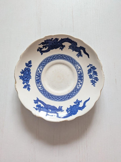 Vintage Royal Cauldon White/Blue Dragon Bowl and Saucer with Gold Rim