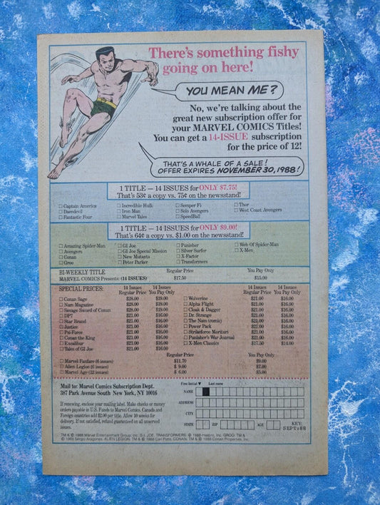 Vintage Marvel Comics 1988 Subscription Namor Advertisement - See Details