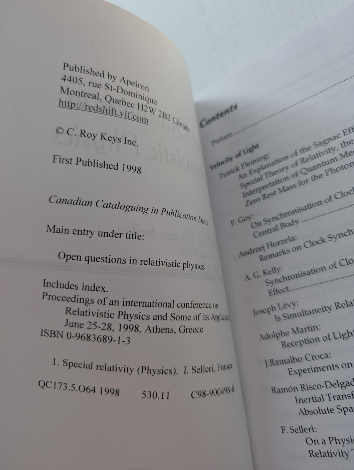 Open Questions in Relativistic Physics - Franco Selleri, 1998, Apeiron Montreal