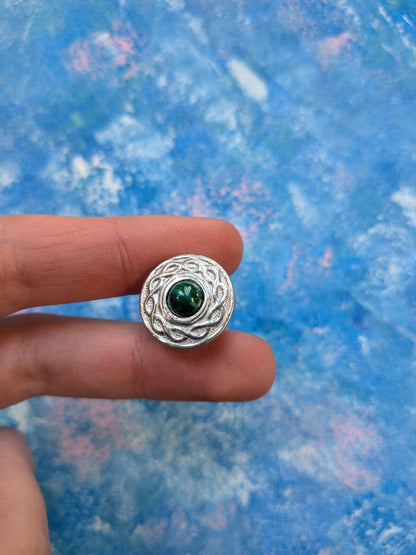 Vintage Celtic-Style Plaid Metal Pin Badge with Green Stone