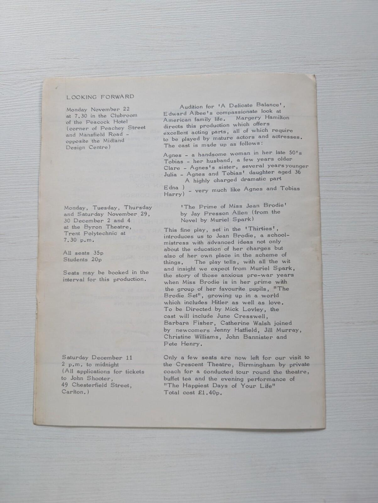 Nottingham Theatre Club - Forty Years On - October 1971 Programme