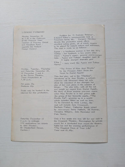 Nottingham Theatre Club - Forty Years On - October 1971 Programme