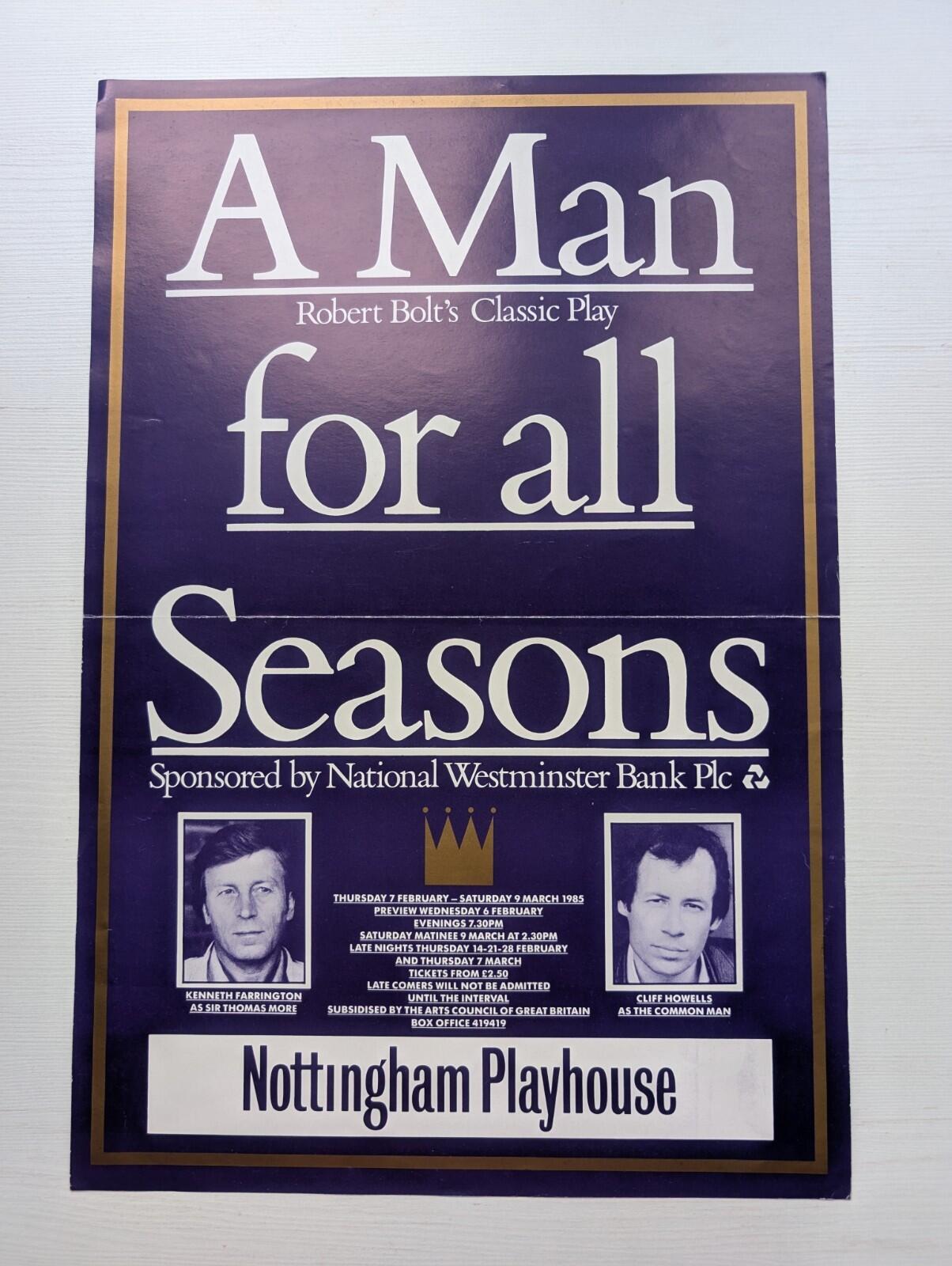 A Man For All Seasons by Robert Bolt - Nottingham Playhouse 1985 Poster