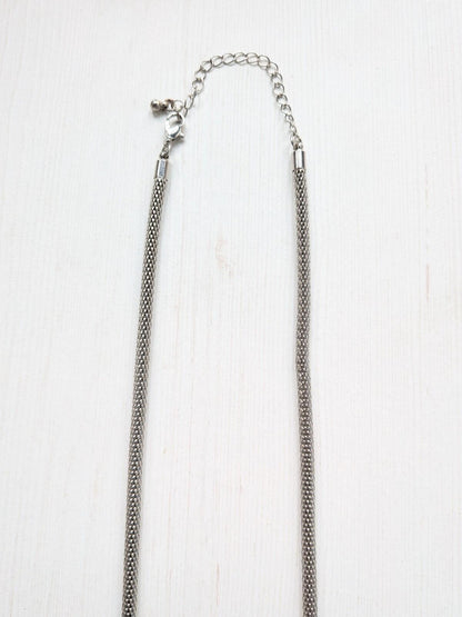 Silver-Coloured Metal Mesh Necklace with Rhinestone Pendant