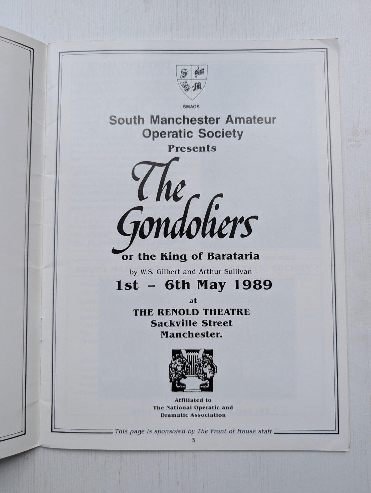 The Gondoliers South Manchester Amateur Operatic Society Programme - May 1989