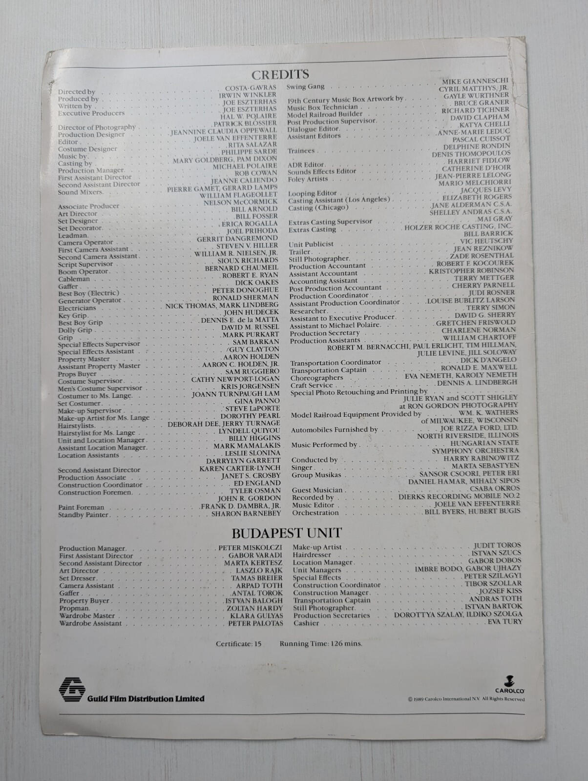 Music Box 1989 Jessica Lange Movie Press Kit Synopsis/Cast List + x3 Lobby Cards
