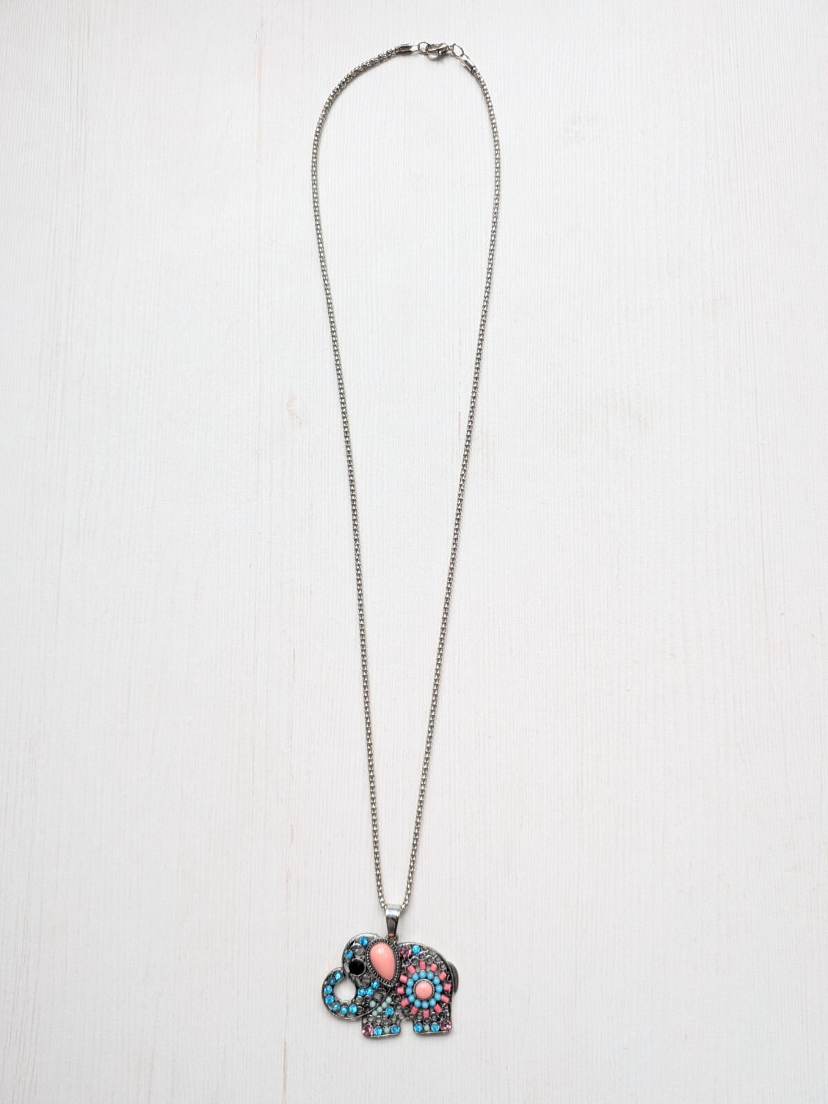 Boho/Hippie-Style Metal Mesh Necklace with Multi-Coloured Elephant Pendant