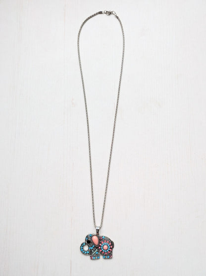 Boho/Hippie-Style Metal Mesh Necklace with Multi-Coloured Elephant Pendant