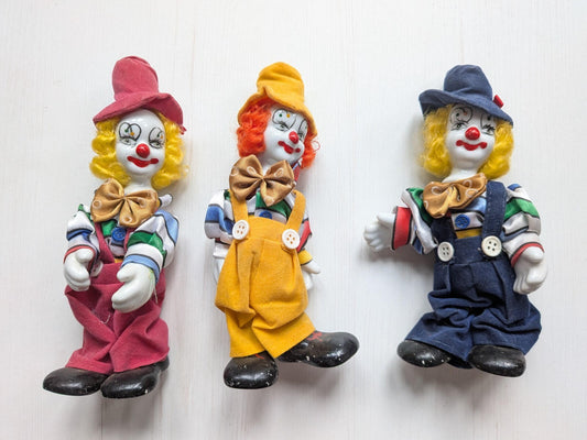Vintage Porcelain/Wire Clown Dolls x3 with Double-Sided Faces - 1970s Approx