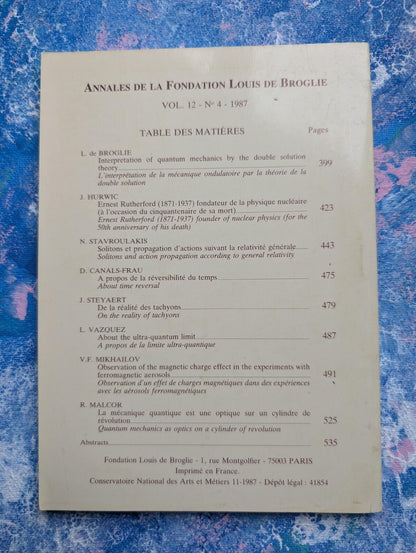 Annales de la Foundation Louis de Brogile - Vol. 12 No.4 - 1987