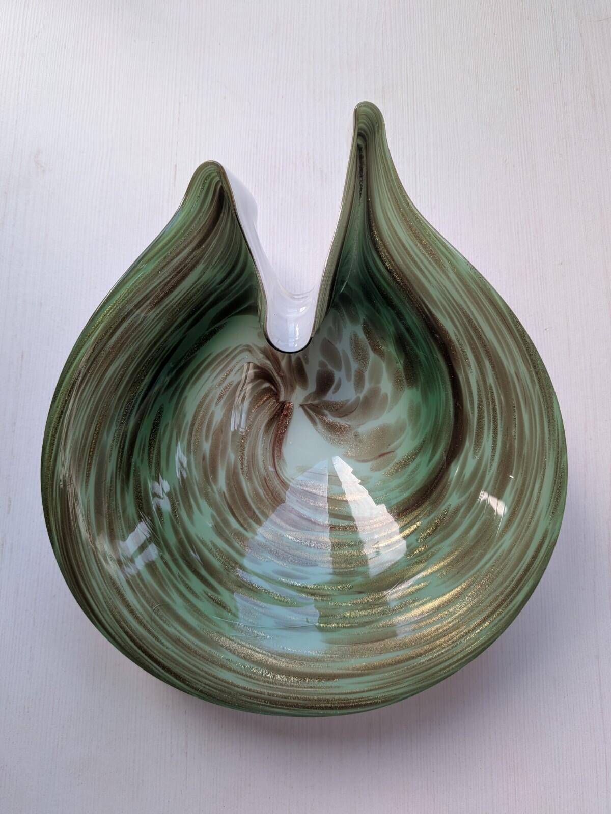Vintage Murano Hand-Blown Italian Glass Art Bowl - Green/Gold Swirl Pattern