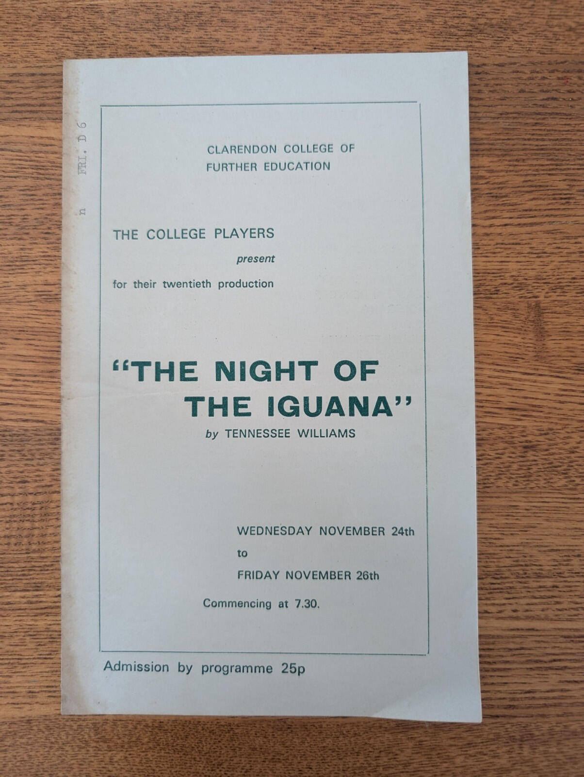 Clarendon College Players - The Night of The Iguana Theatre Programme