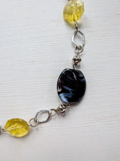 Yellow/Navy Blue/Silver Beaded Cord Necklace