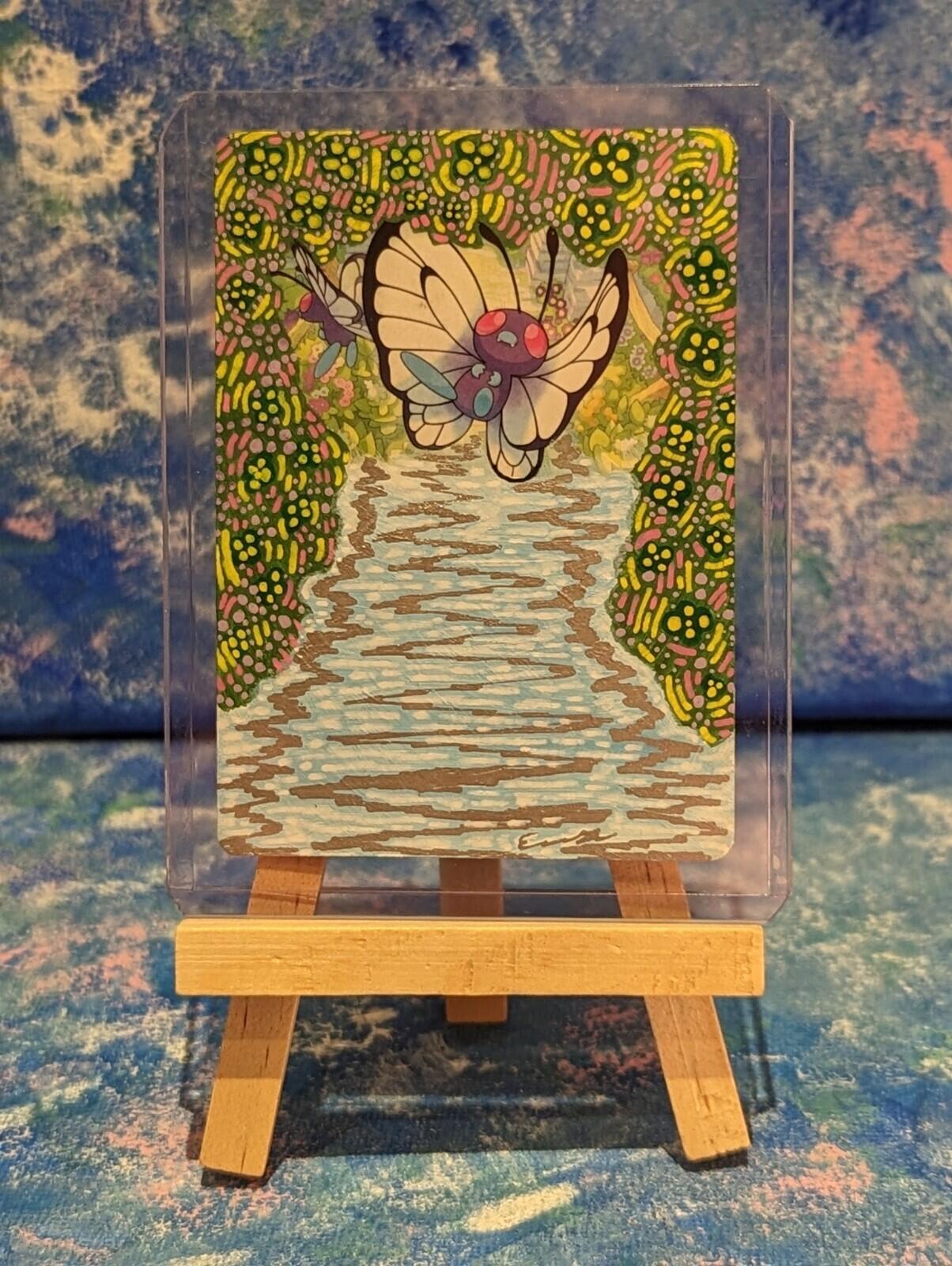 Hand-Painted Rebel Clash Butterfree Pokemon Card & Display Easel