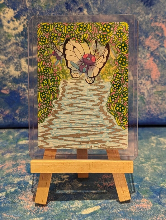 Hand-Painted Rebel Clash Butterfree Pokemon Card & Display Easel