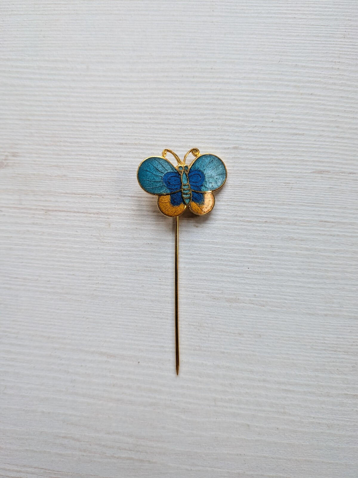 Vintage Blue/Gold Butterfly Enamel and Gold Tone Metal Lapel/Stick Pin