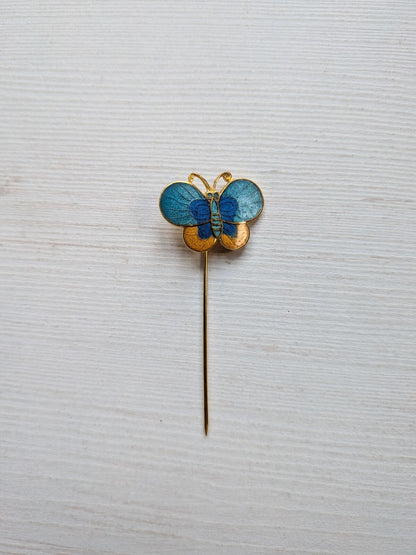 Vintage Blue/Gold Butterfly Enamel and Gold Tone Metal Lapel/Stick Pin