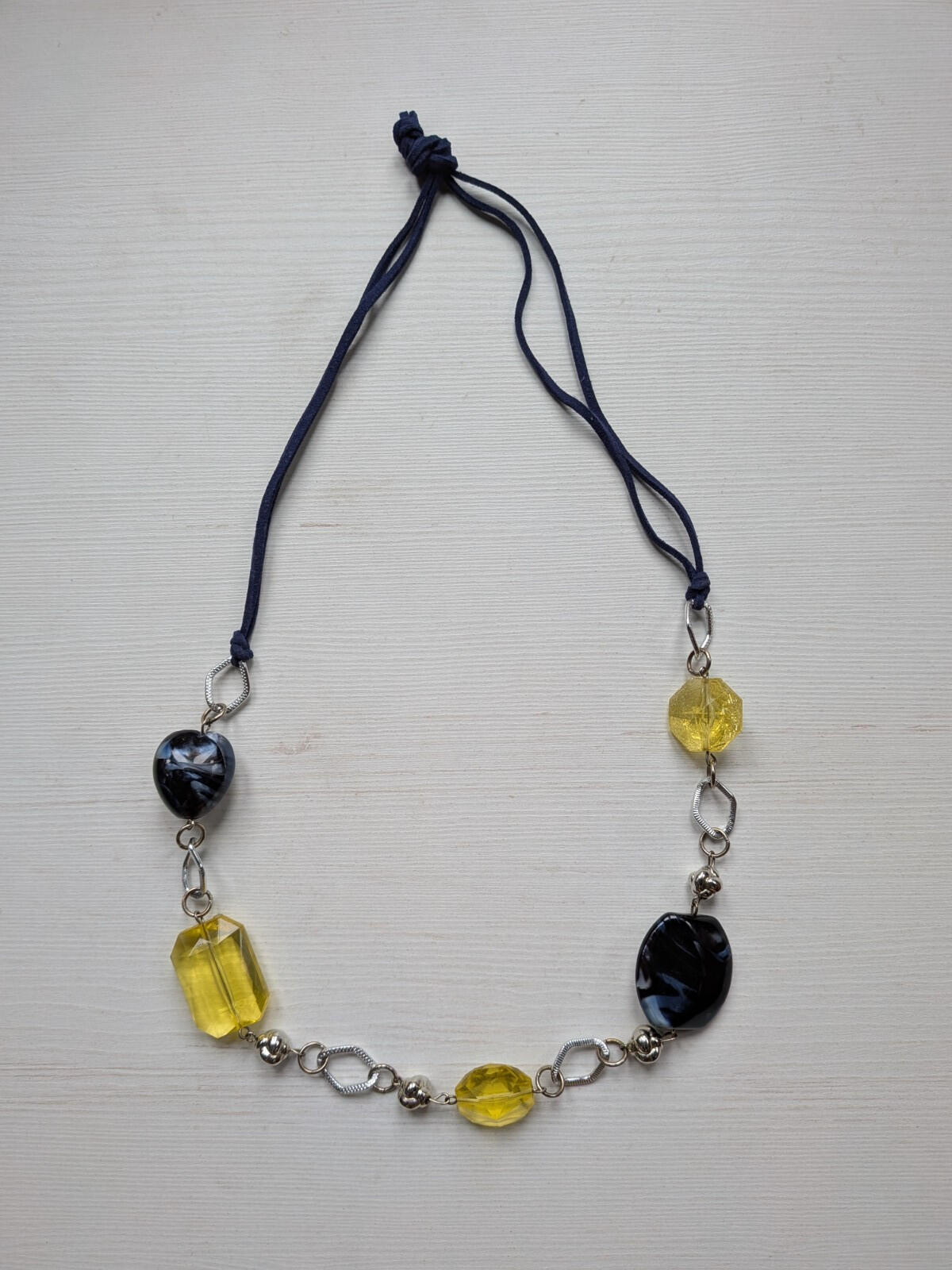 Yellow/Navy Blue/Silver Beaded Cord Necklace