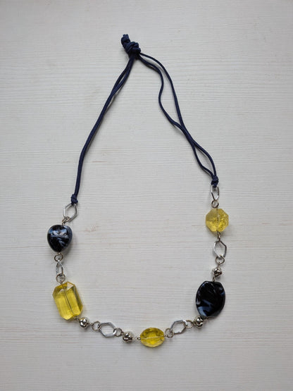 Yellow/Navy Blue/Silver Beaded Cord Necklace