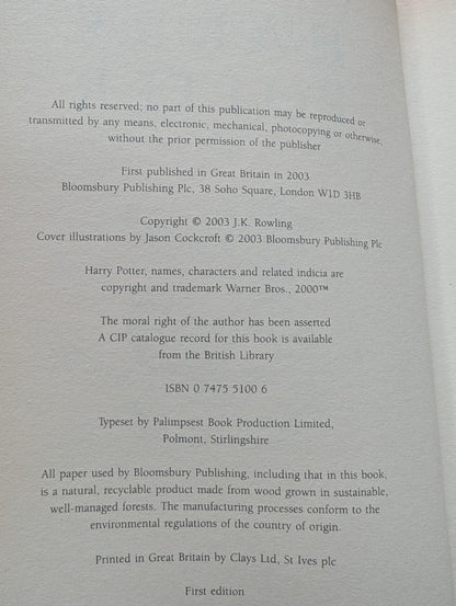 Harry Potter and the Order of The Phoenix - 1st Edition With Print Errors - 2003