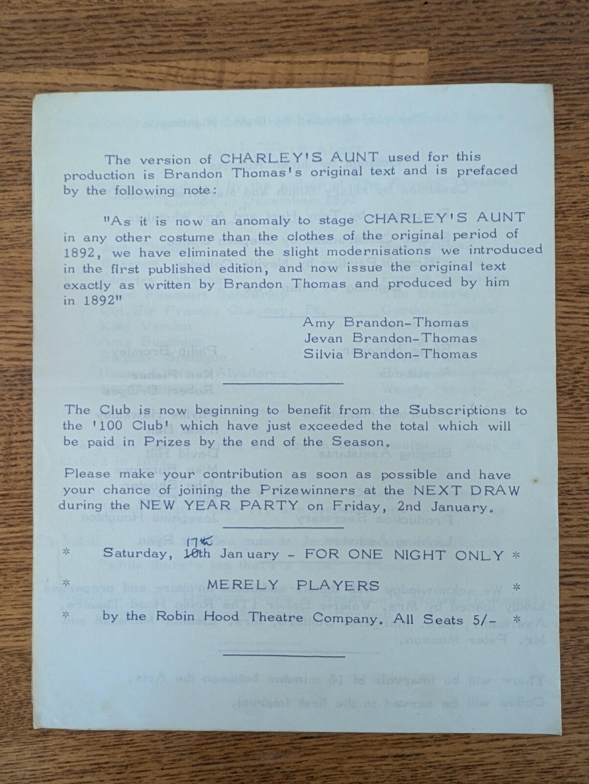 Nottingham Theatre Club - Charley's Aunt Programme