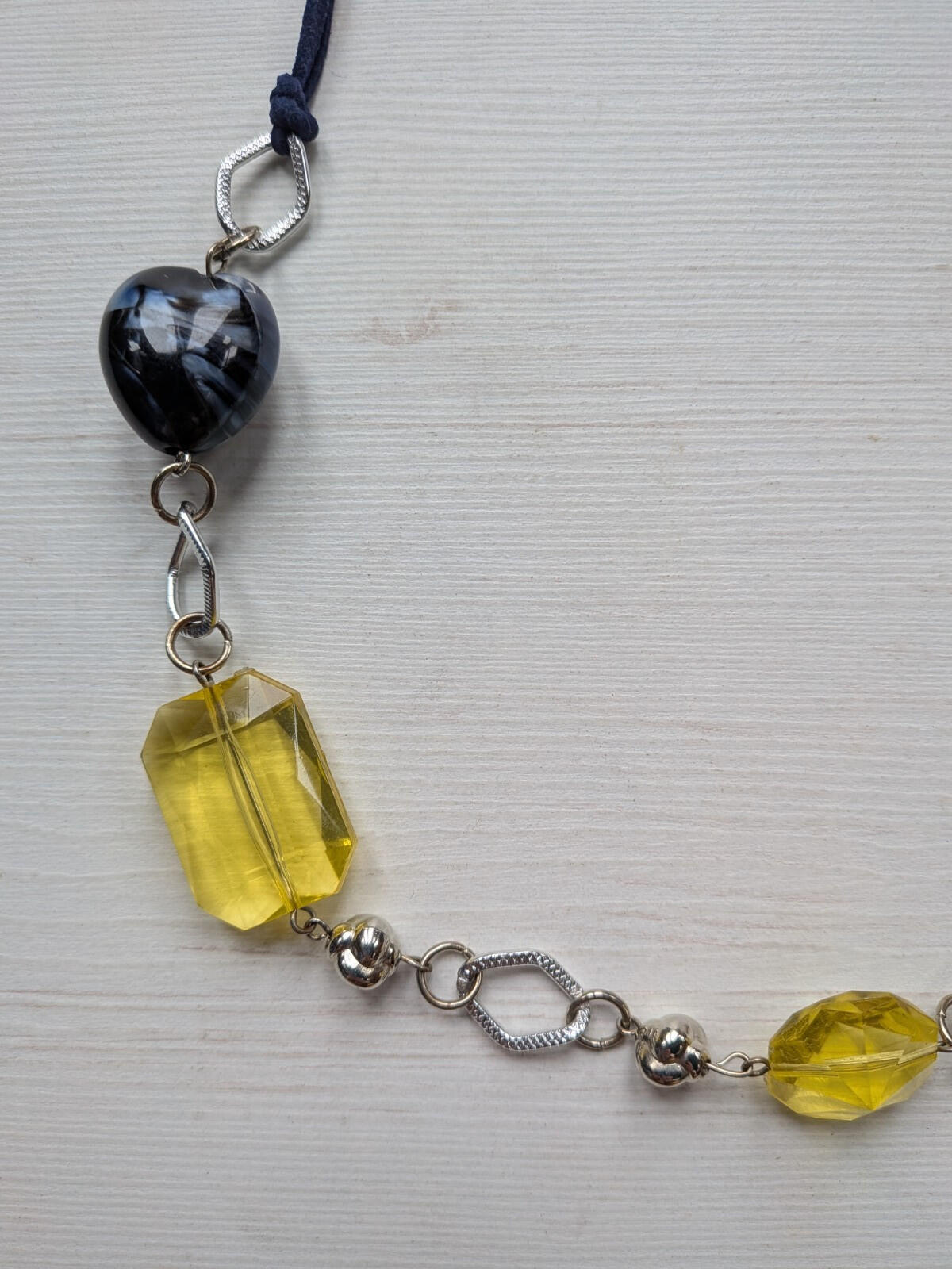 Yellow/Navy Blue/Silver Beaded Cord Necklace