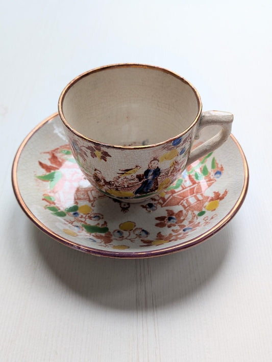 Antique Early 1800s Georgian-Era Red Transferware Chinoiserie Tea Cup + Saucer