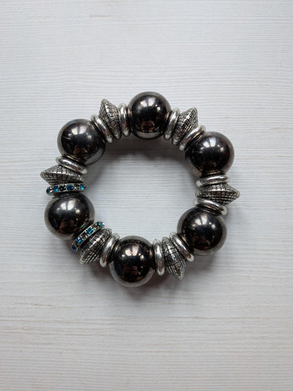 Black/Silver Chunky Beaded Bracelet with Blue Diamantes