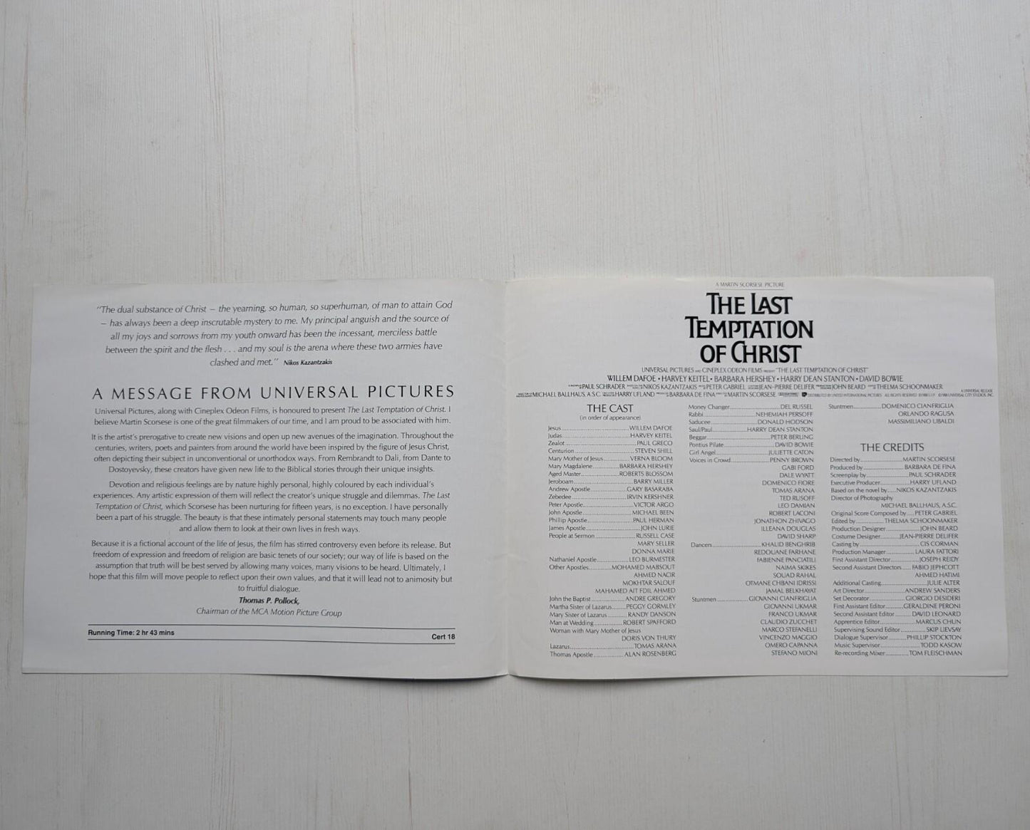 The Last Temptation of Christ Press Kit Cast List Leaflet - 1988 - Universal
