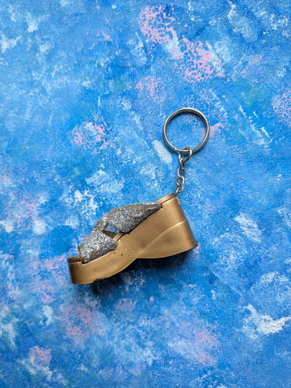 Vintage Gold Sparkly Wedge Platform Shoe Novelty Keyring/Keychain