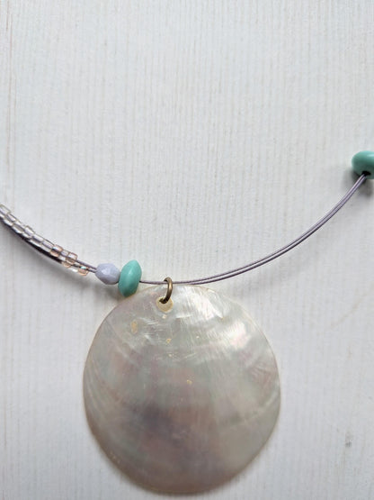 Summer/Beach Style Delicate Lilac/Clear Beaded Necklace with Shell Pendant