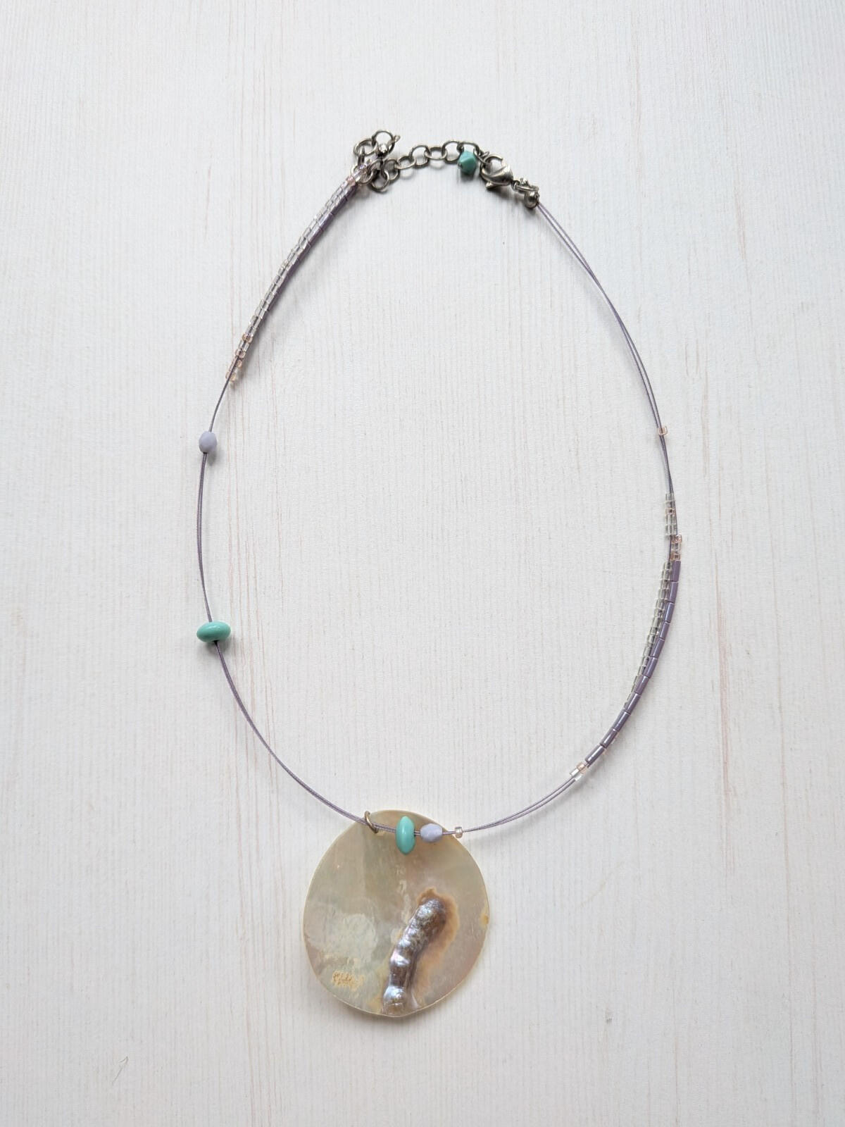 Summer/Beach Style Delicate Lilac/Clear Beaded Necklace with Shell Pendant